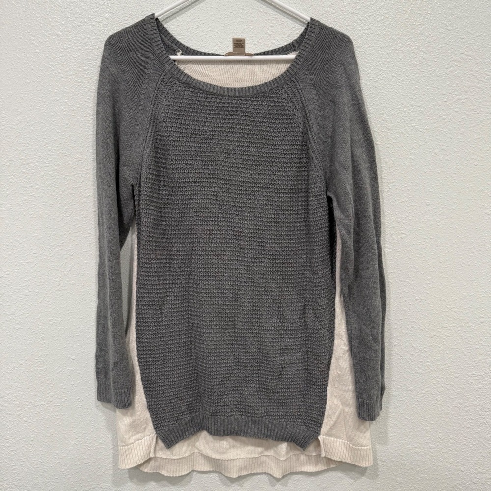 Ann Taylor Loft Womens‎ Large Grey Cream Layered Look Waffle Knit Sweater Raglan